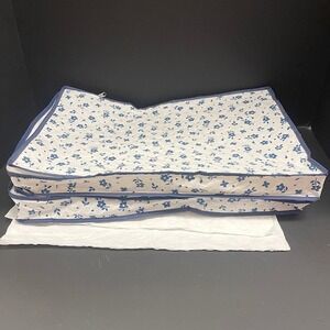 Lillian Vernon Quilted Floral Storage Bags Blue White Set‎ of 2 Zippered Cases